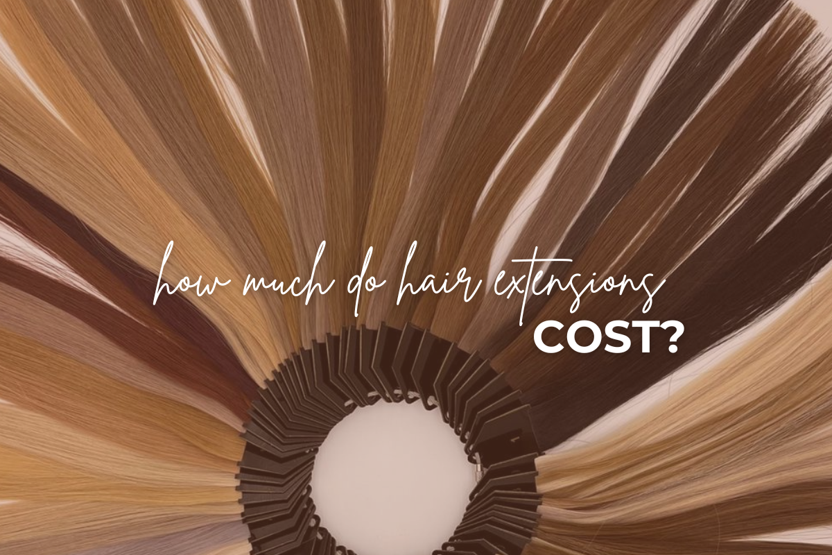 Hair extensions with text asking 'how much do hair extensions cost?' on a brown and beige background