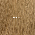 Close-up of brown hair extensions with 'Shade 12' text overlay