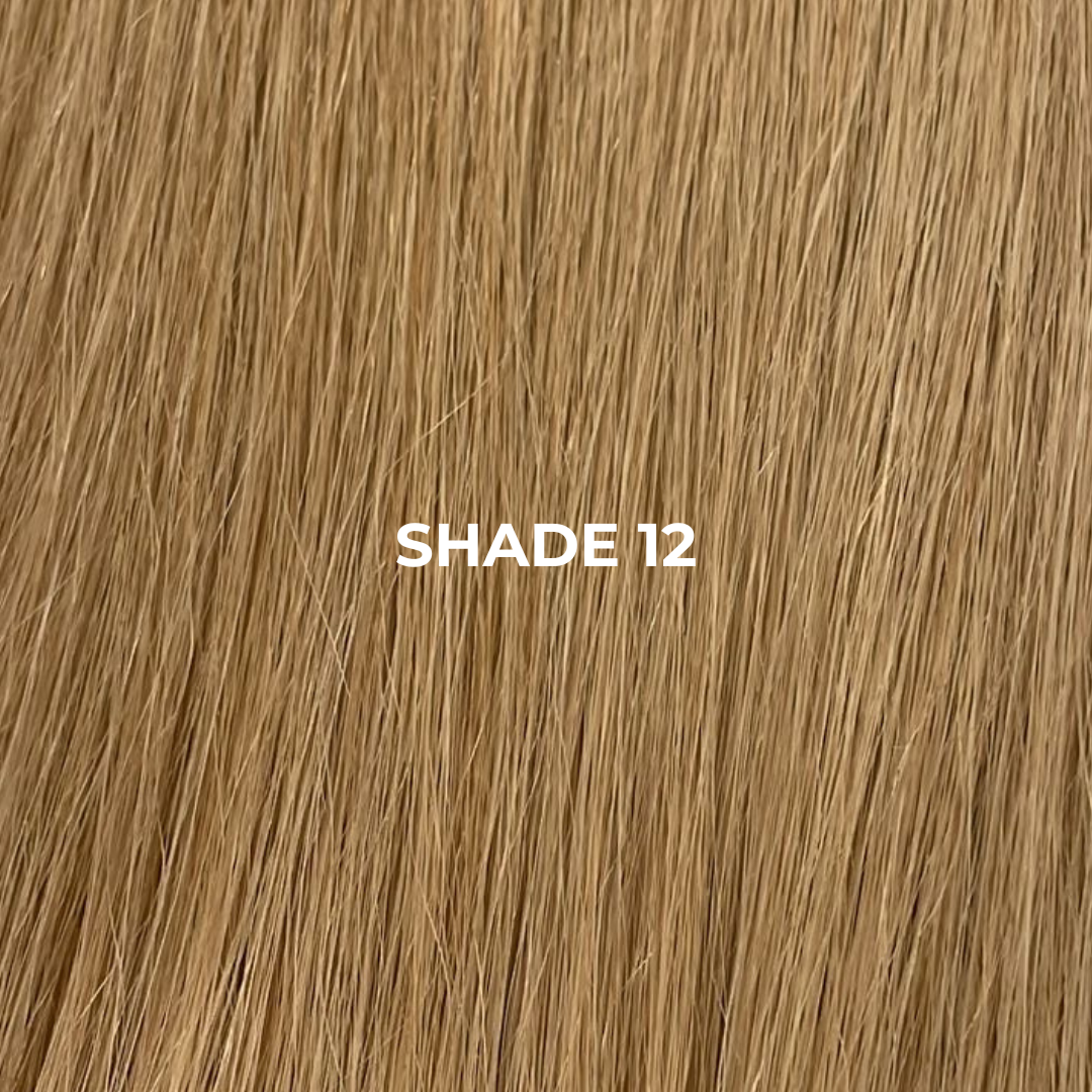 Close-up of brown hair extensions with 'Shade 12' text overlay